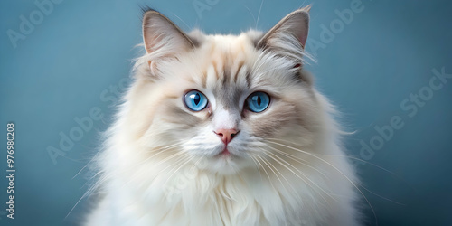 Ragdoll cat with semi-long white fur and deep blue eyes, Ragdoll, cat, feline, semi-long fur, white, deep blue eyes, fluffy