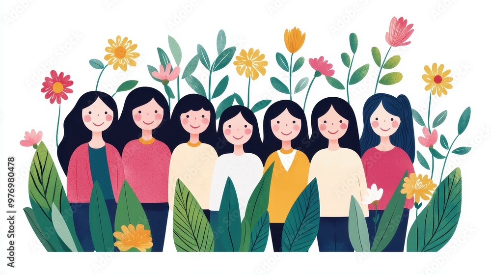 Fototapeta premium Happy Women in a Garden Illustration