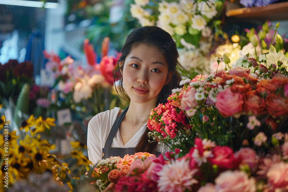 Beautiful scenic flower store shop with its owner nursing blossom arranging bouquet, Generative AI