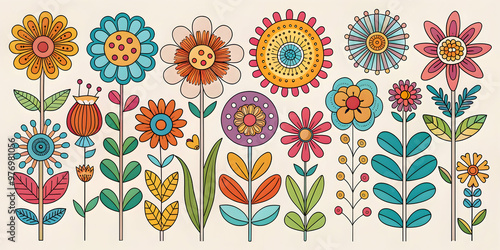 Abstract retro flower art set with organic doodle shapes in trendy naive style , Groovy, floral, botanical,, abstract, retro, flower