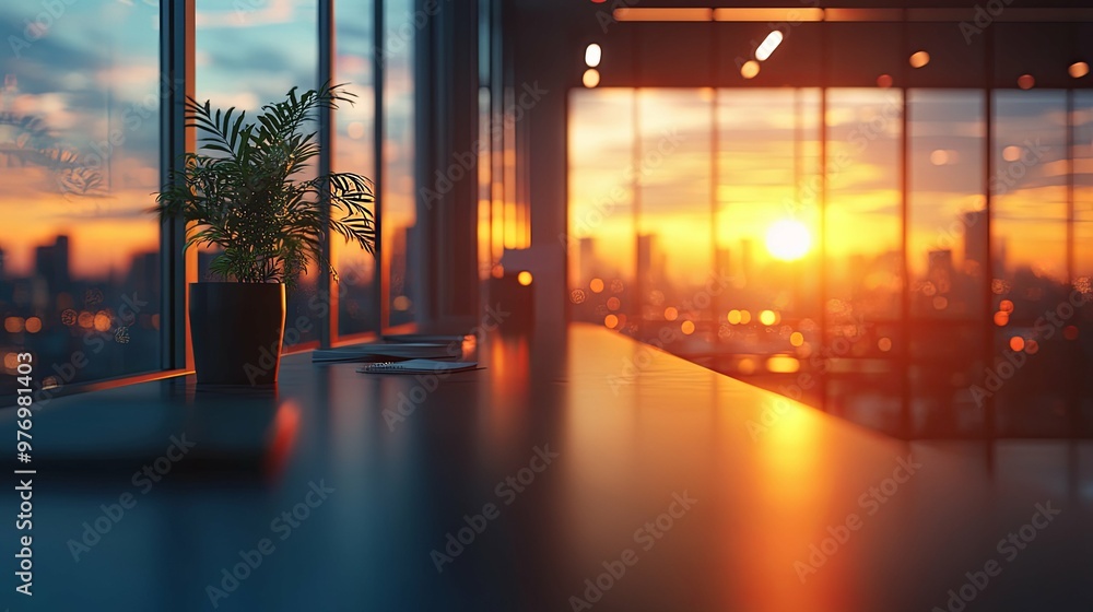 Sunset View from an Office Desk with a Plant and Notebook Sunset View from an Office Desk with a Plant and Notebook