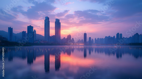 Wallpaper Mural A stunning sunrise over a cityscape with tall buildings reflected in the water. Torontodigital.ca