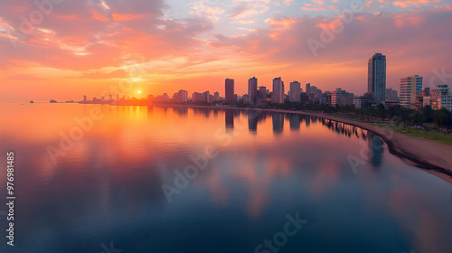 A stunning sunrise over a coastal city with vibrant orange and pink hues reflecting off the calm water.