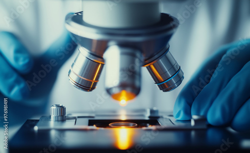 Close-up of a microscope in a lab, with a scientist analyzing samples.