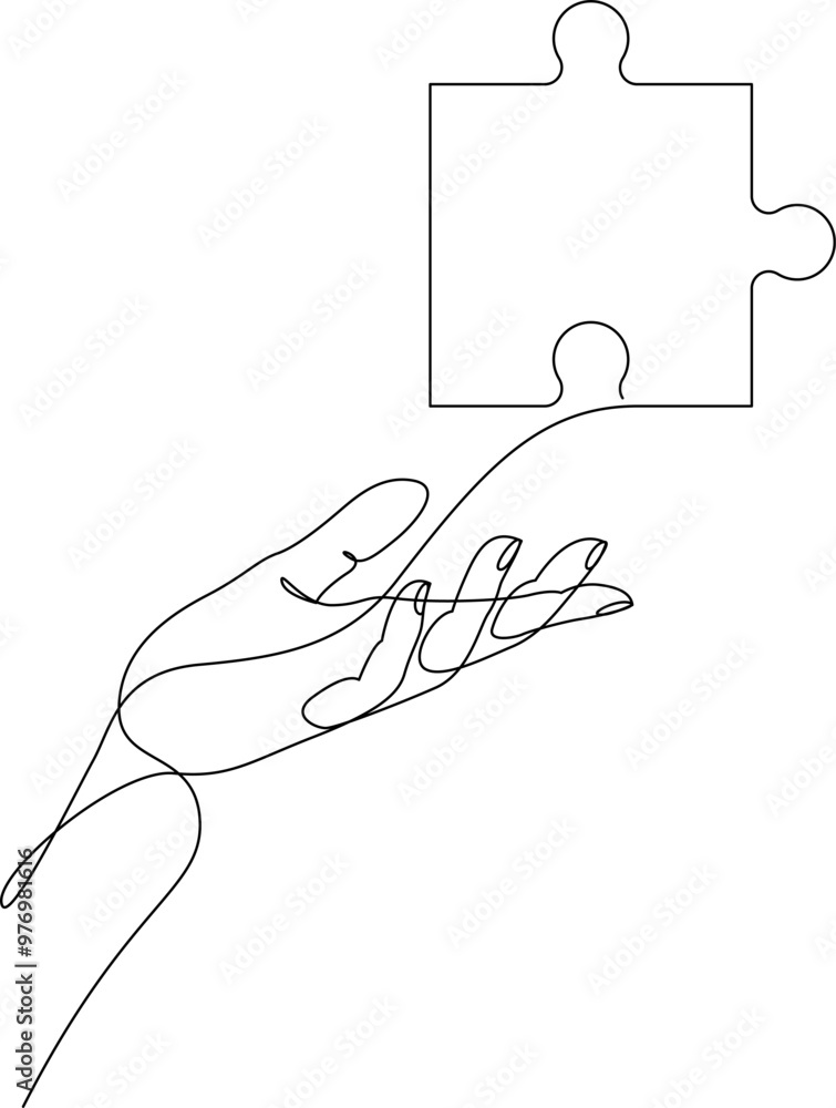 Continuous one line drawing of human hand holding puzzle. Puzzle game symbol on palm hand. Business metaphor, problem solving concept. Vector illustration with editable stroke. Continuous one line drawing of human hand holding puzzle. Puzzle game symbol on palm hand. Business metaphor, problem solving concept. Vector illustration with editable stroke.