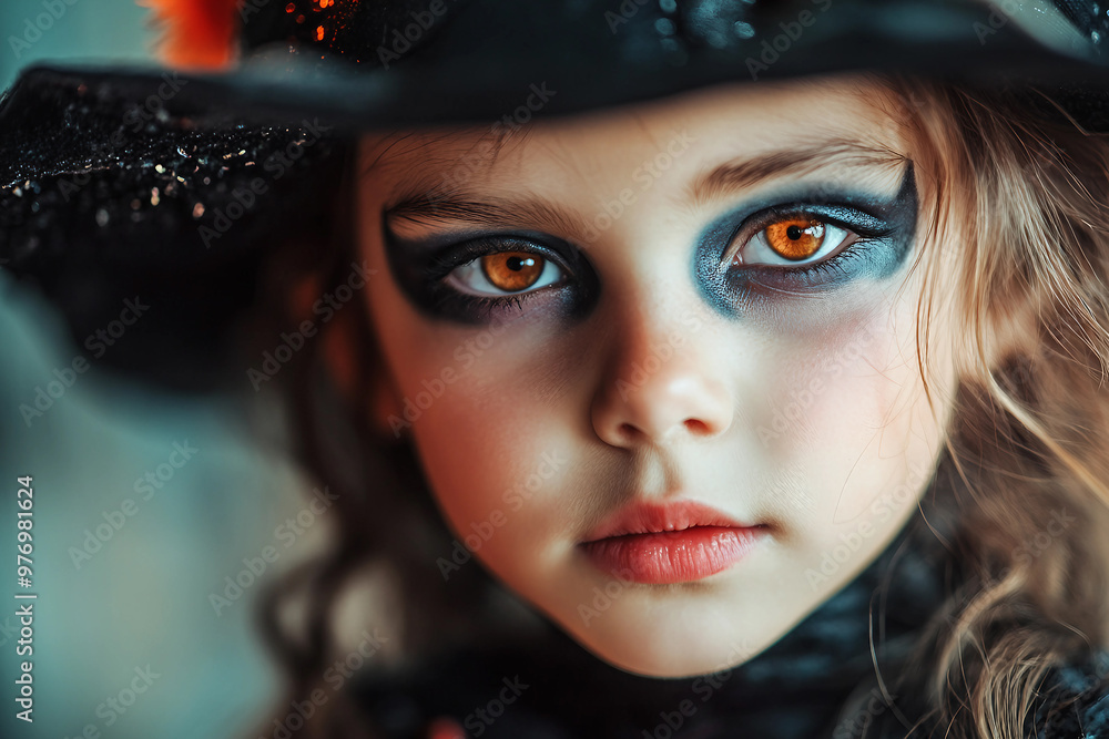 AI generated portrait of smiling child in witch costume for Halloween AI generated portrait of smiling child in witch costume for Halloween