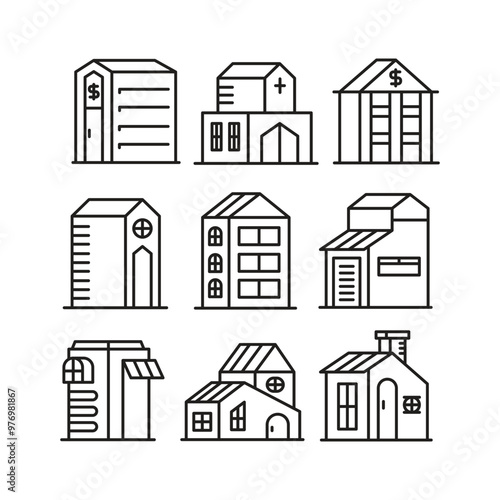 house building and edifice tower icons set vector illustration