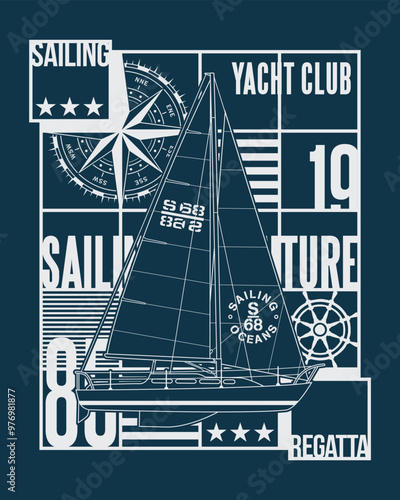 Ocean yacht racing sailing regatta vector marine print for boy man t shirt 
