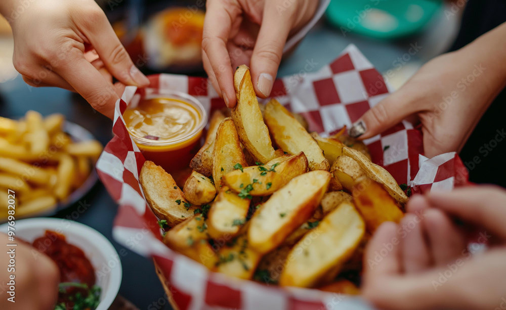 Close-up of people sharing seasoned potato wedges with dipping sauces in a casual setting. Close-up of people sharing seasoned potato wedges with dipping sauces in a casual setting.