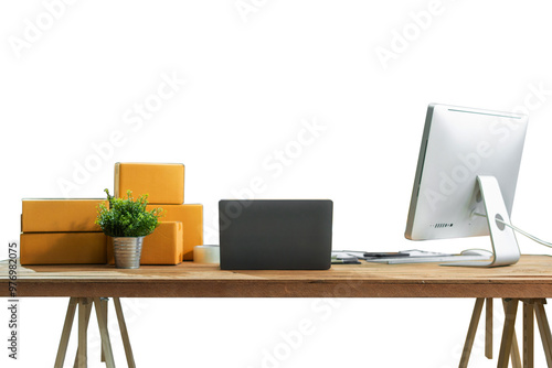 Workspace with desktop computer, office supplies, houseplant and coffee cup at office. desk work concept.