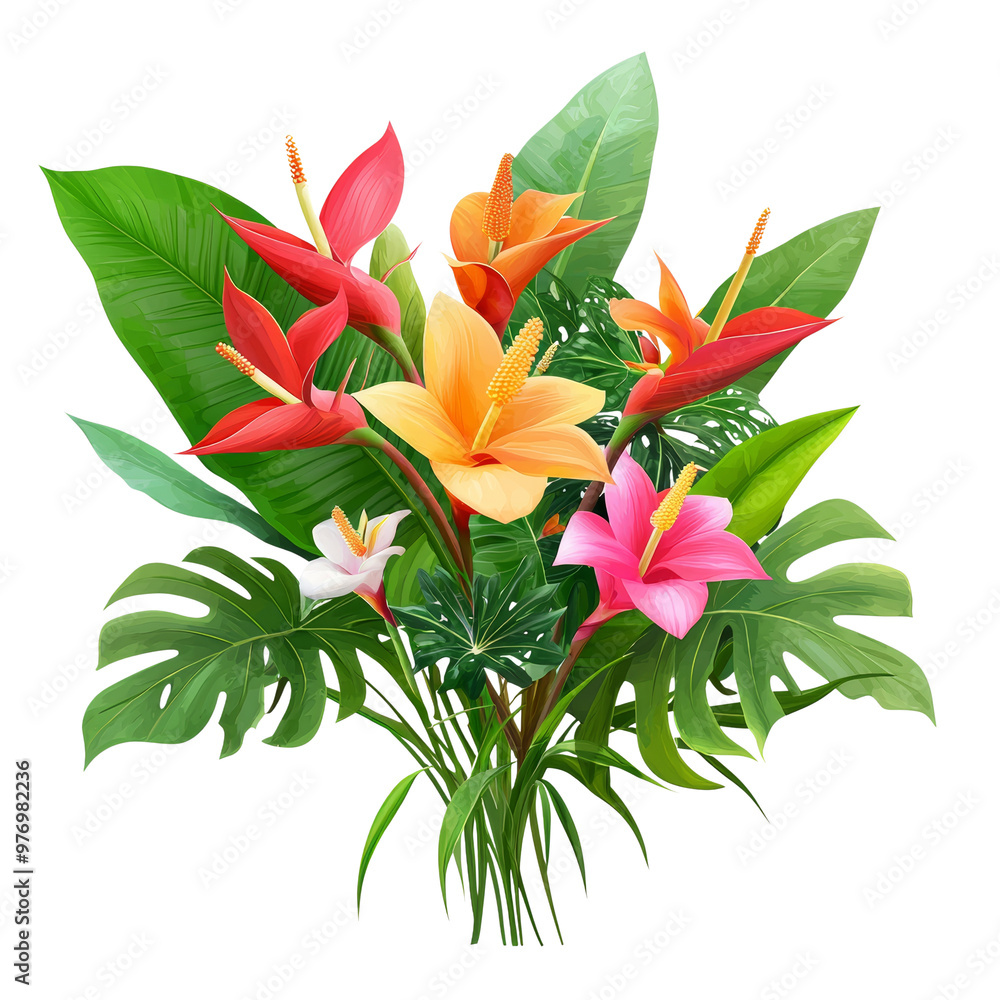 Vibrant bouquet of tropical flowers with lush green leaves Vibrant bouquet of tropical flowers with lush green leaves
