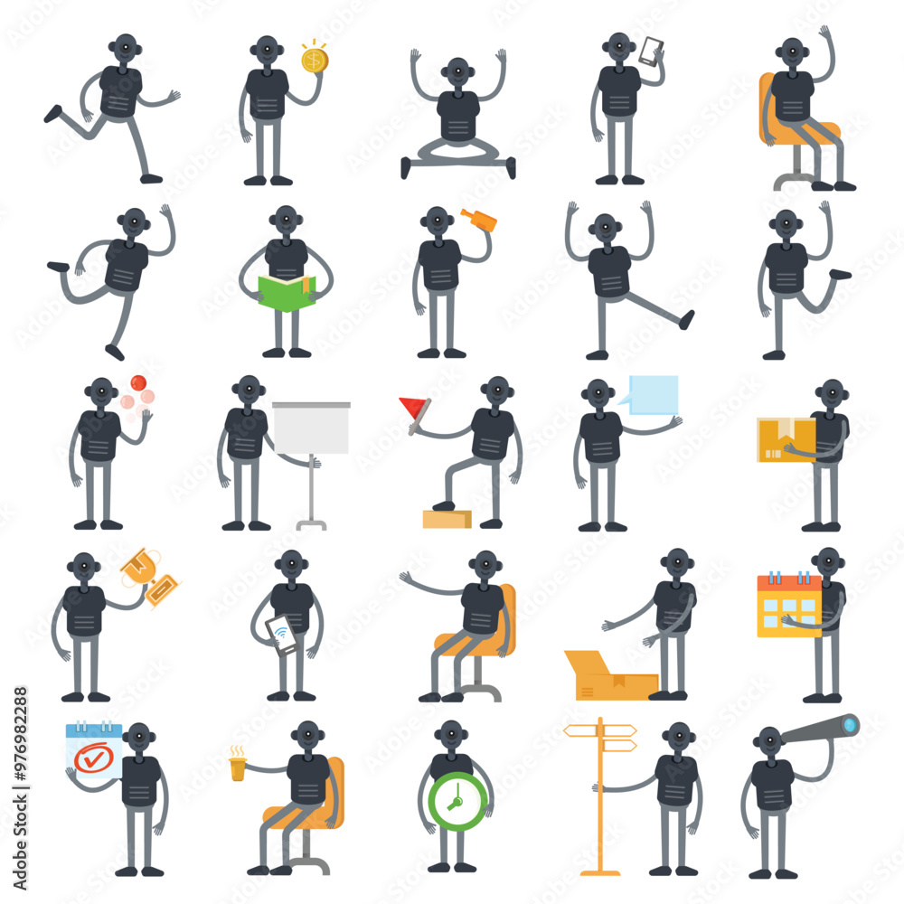 humanoid robot characters set in various poses vector illustration humanoid robot characters set in various poses vector illustration