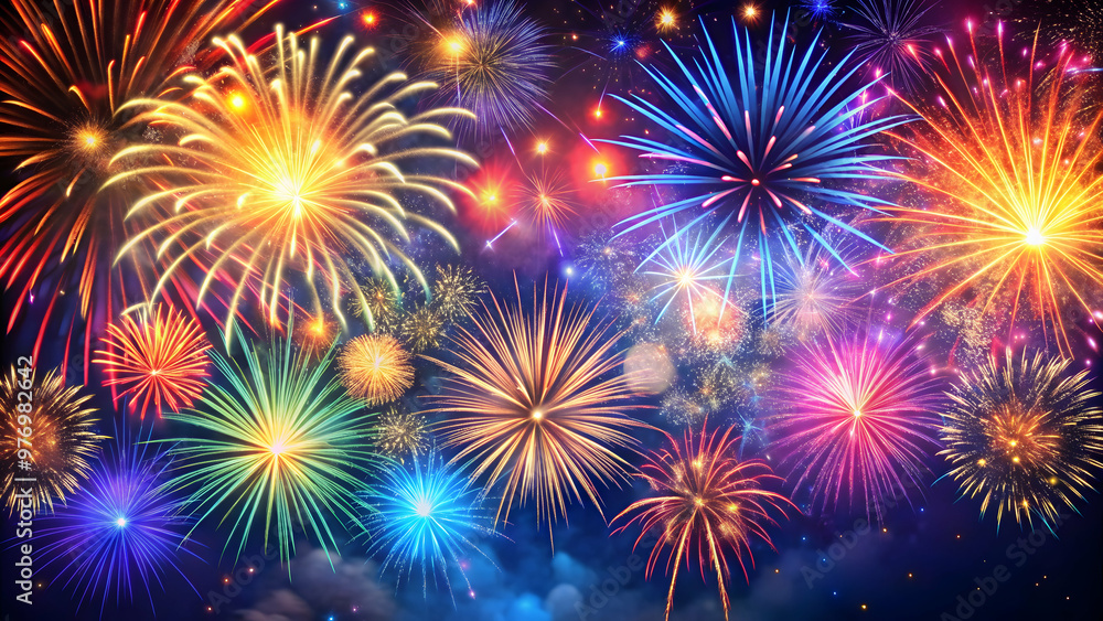 Naklejka premium Party background with colorful fireworks display in the night sky, perfect for July 4th celebration, fireworks
