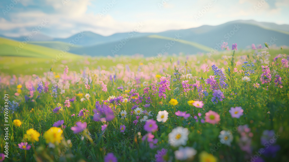 A vibrant field of wildflowers blooming in various colors like purple, yellow, and pink meadow is bathed in soft sunlight with rolling hills in the background A vibrant field of wildflowers blooming in various colors like purple, yellow, and pink meadow is bathed in soft sunlight with rolling hills in the background