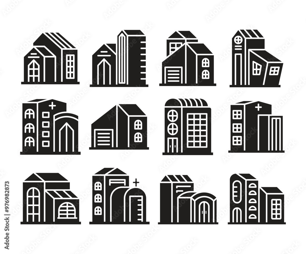 house, townhouse and apartment building icons set house, townhouse and apartment building icons set