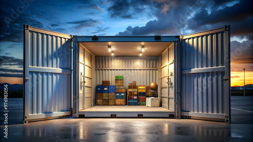 Nighttime view of open storage container filled with various items , storage, container, night, evening