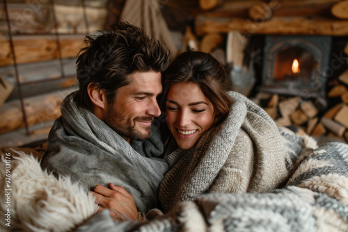 Cozy Couple Relaxing by Fireplace in Rustic Cabin During Winter