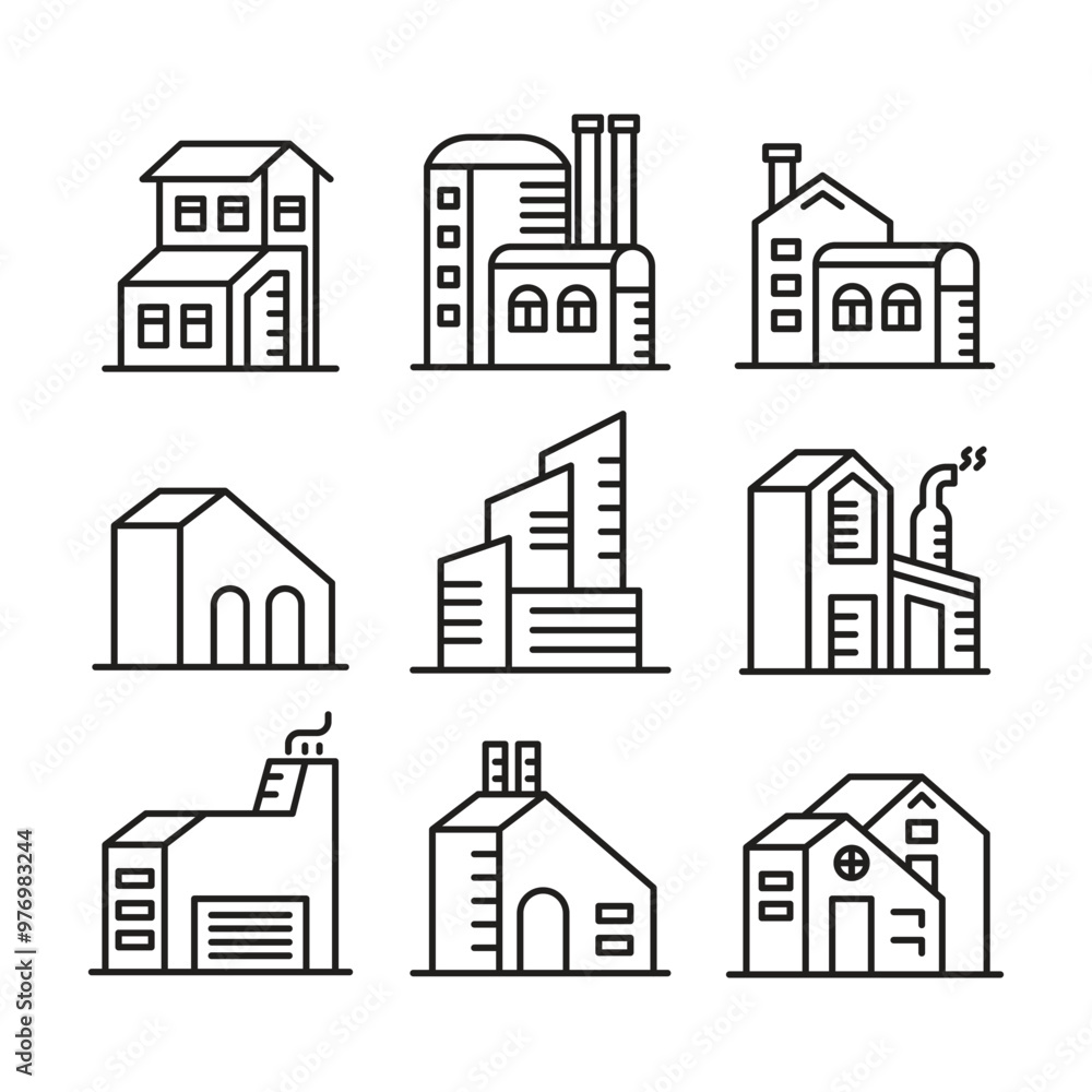 Obraz premium factory and house building icons set line illustration