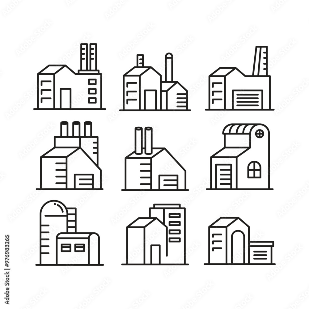 Fototapeta premium factory and house building icons set line illustration