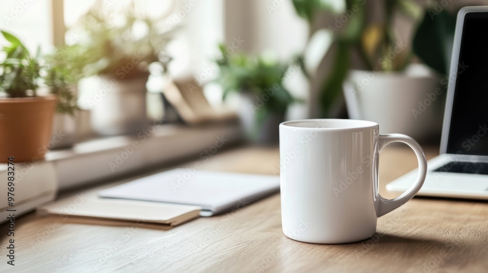 minimalist home office setup concept featuring a white ceramic mug and a laptop on a clean desk, ideal for a banner minimalist home office setup concept featuring a white ceramic mug and a laptop on a clean desk, ideal for a banner