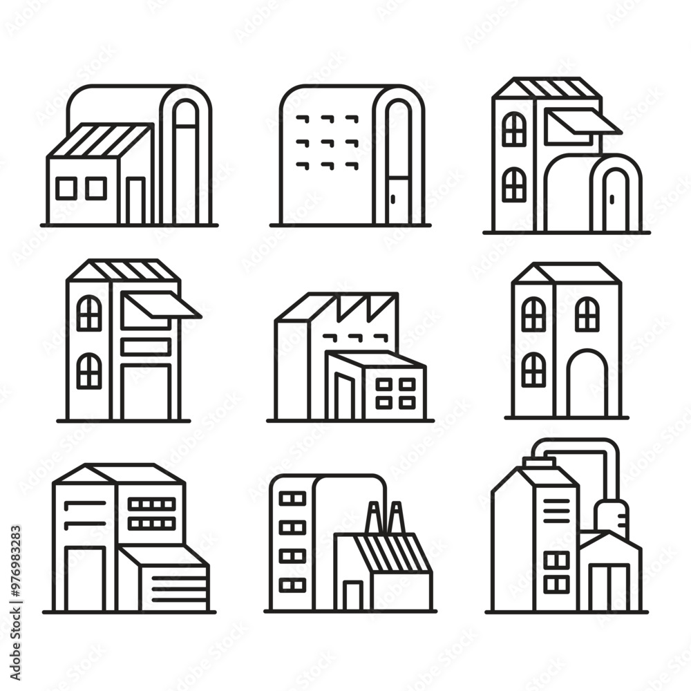 Fototapeta premium factory building and edifice icons line illustration set
