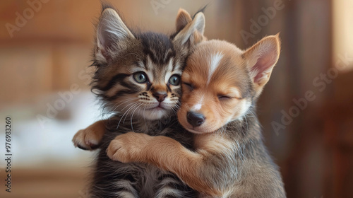 A happy kitten and puppy st...