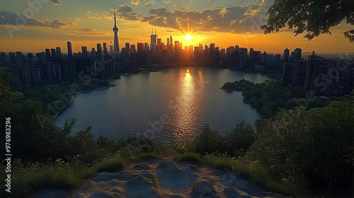 A stunning sunset over a ci...
