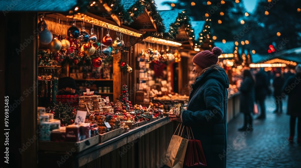 Fototapeta premium Woman Exploring Enchanting Christmas Market Stalls Adorned with Festive Lights and Ornaments