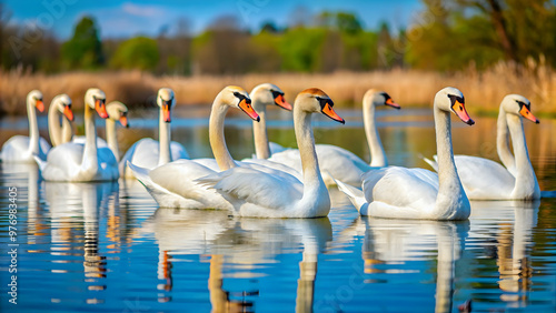 Fototapeta Naklejka Na Ścianę i Meble -  April pool day with a flock of swans in a peaceful landscape, swimming pool, April, sunny, beautiful, peaceful
