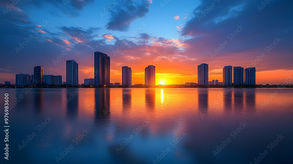 A stunning sunset over a city skyline with skyscrapers reflected in the water. A stunning sunset over a city skyline with skyscrapers reflected in the water.