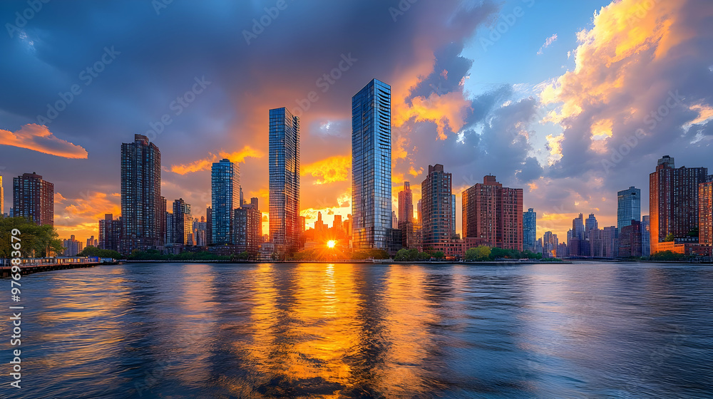 Fototapeta premium A stunning sunset over a city skyline with tall skyscrapers and a reflective river in the foreground.