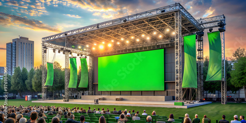 Vibrant outdoor concert billboard mockup with green screen at festive venue, stage, audience seating, outdoor, concert