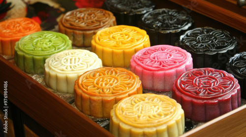 Delight in colorful assortment of mooncakes, featuring both baked and snowskin varieties, beautifully arranged in wooden box. Each cake showcases intricate designs and vibrant colors, evoking sense of photo