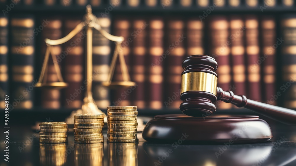 Close-up of a judge's gavel and stacks of golden coins on a wooden table Close-up of a judge's gavel and stacks of golden coins on a wooden table