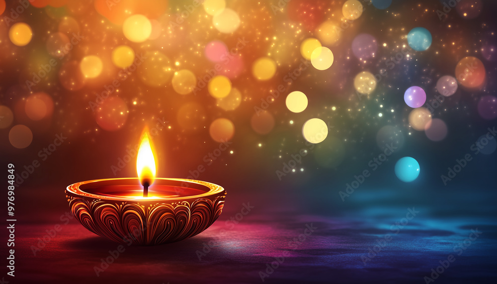 Diwali Celebration with Traditional Oil Lamp Diya on Colorful Bokeh Background: Photorealistic Festival Illustration Diwali Celebration with Traditional Oil Lamp Diya on Colorful Bokeh Background: Photorealistic Festival Illustration
