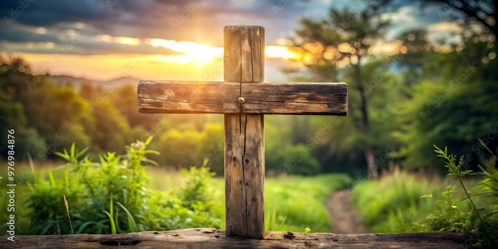 Ancient wooden cross standing in a rustic outdoor setting, ancient, wooden, cross, rustic, religious, symbol Ancient wooden cross standing in a rustic outdoor setting, ancient, wooden, cross, rustic, religious, symbol