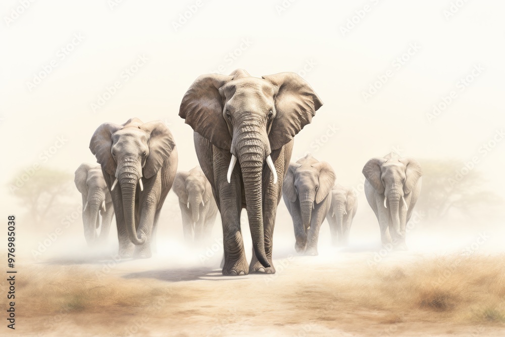 Fototapeta premium Herd of elephants walking through the African savannah, dust rising beneath their feet