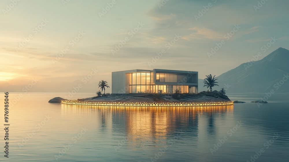 A modern architectural structure on a serene waterfront, illuminated at dusk with surrounding palm trees and mountainous backdrop. A modern architectural structure on a serene waterfront, illuminated at dusk with surrounding palm trees and mountainous backdrop.