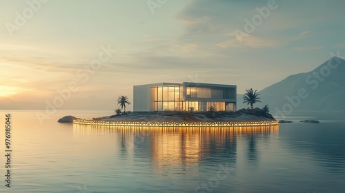 A modern architectural structure on a serene waterfront, illuminated at dusk with surrounding palm trees and mountainous backdrop. photo