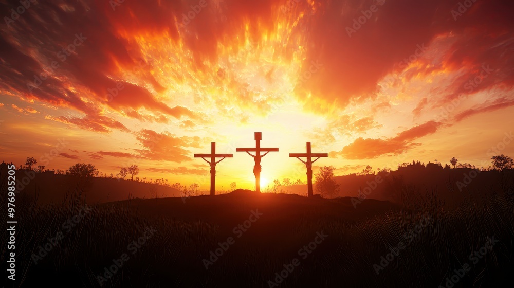 Three Crosses Silhouette at Sunset Christian Faith Holy Symbol Calvary Crucifixion Jesus Christ Hope Religion Three Crosses Silhouette at Sunset Christian Faith Holy Symbol Calvary Crucifixion Jesus Christ Hope Religion