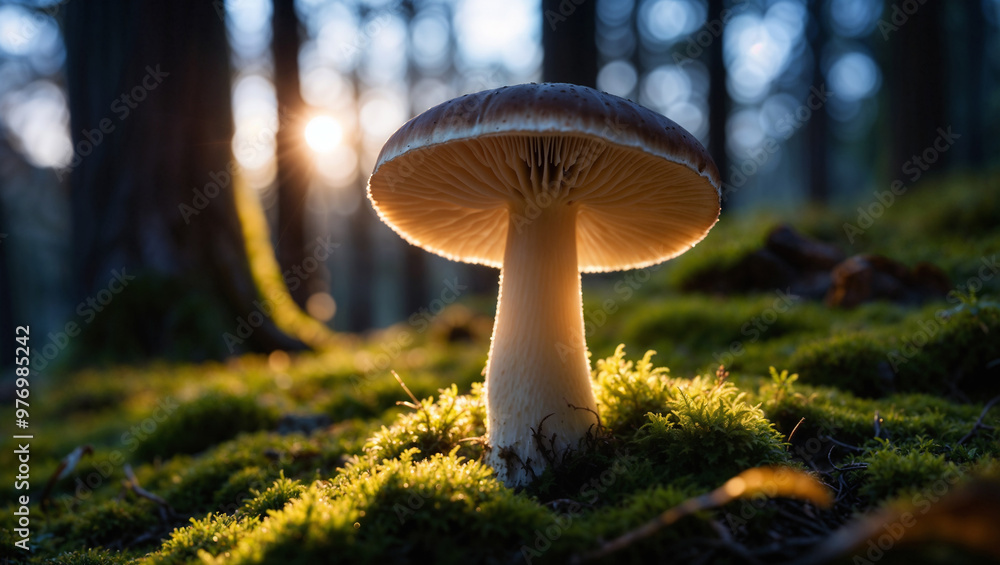 Fototapeta premium Fungo illuminato dalla luce, circondato dal muschio in un bosco