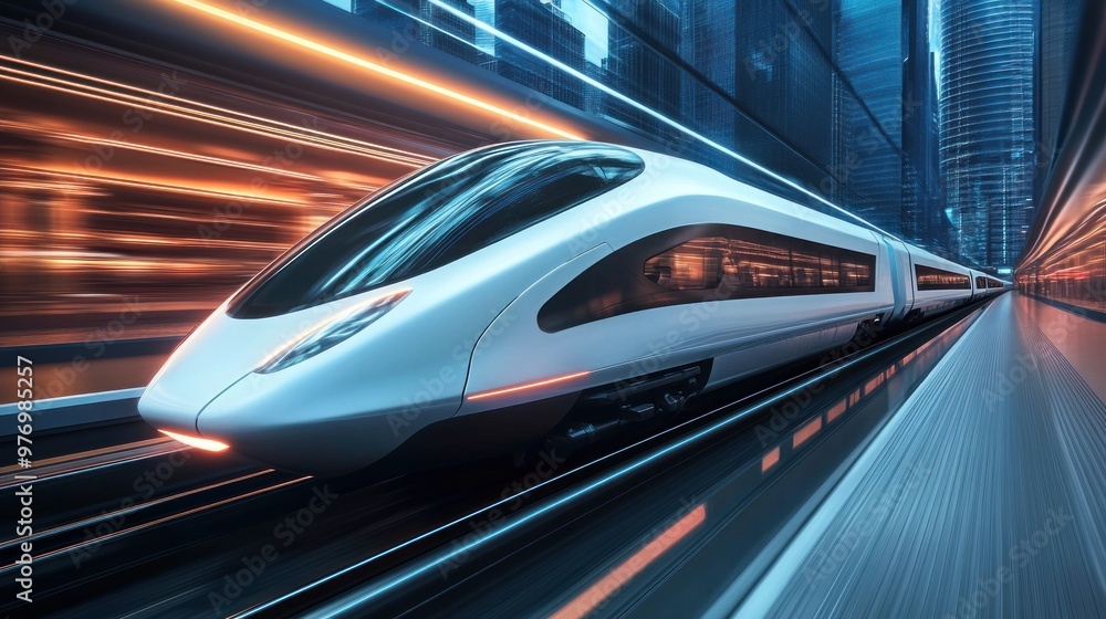 Fototapeta premium High-Speed Train Zooming Through Urban Landscape