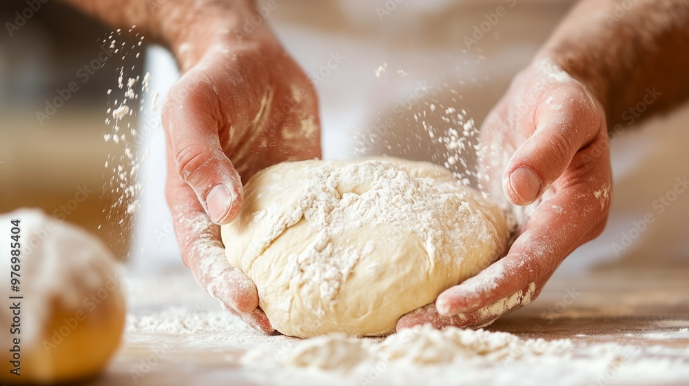 A close-up of hands kneading dough on kitchen table with flour. A close-up of hands kneading dough on kitchen table with flour.