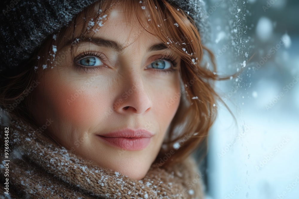 Beautiful mid age woman looking at the camera in front of the window in snowy day, outdoor. Beautiful mid age woman looking at the camera in front of the window in snowy day, outdoor.