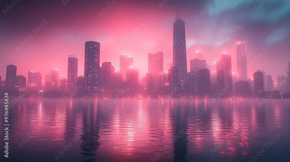 A stunning view of a futuristic city skyline with pink and blue lights reflecting on the water. The city is surrounded by fog, creating a mysterious and ethereal atmosphere. A stunning view of a futuristic city skyline with pink and blue lights reflecting on the water. The city is surrounded by fog, creating a mysterious and ethereal atmosphere.