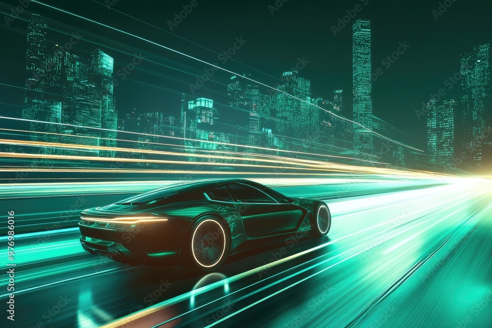 A futuristic car is driving down a city street with a bright green background, giving the impression of speed and motion. Concept of excitement and energy A futuristic car is driving down a city street with a bright green background, giving the impression of speed and motion. Concept of excitement and energy