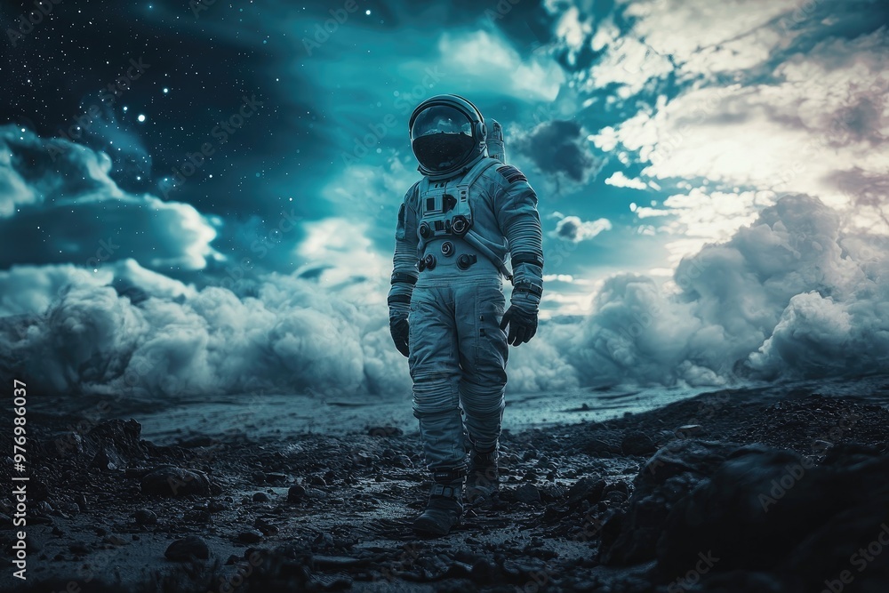 An astronaut in a spacesuit stands on a rocky surface in the middle of a cloudy sky An astronaut in a spacesuit stands on a rocky surface in the middle of a cloudy sky