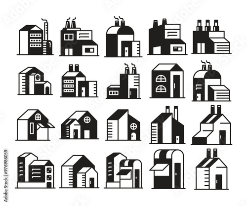 house, office tower and factory icons set