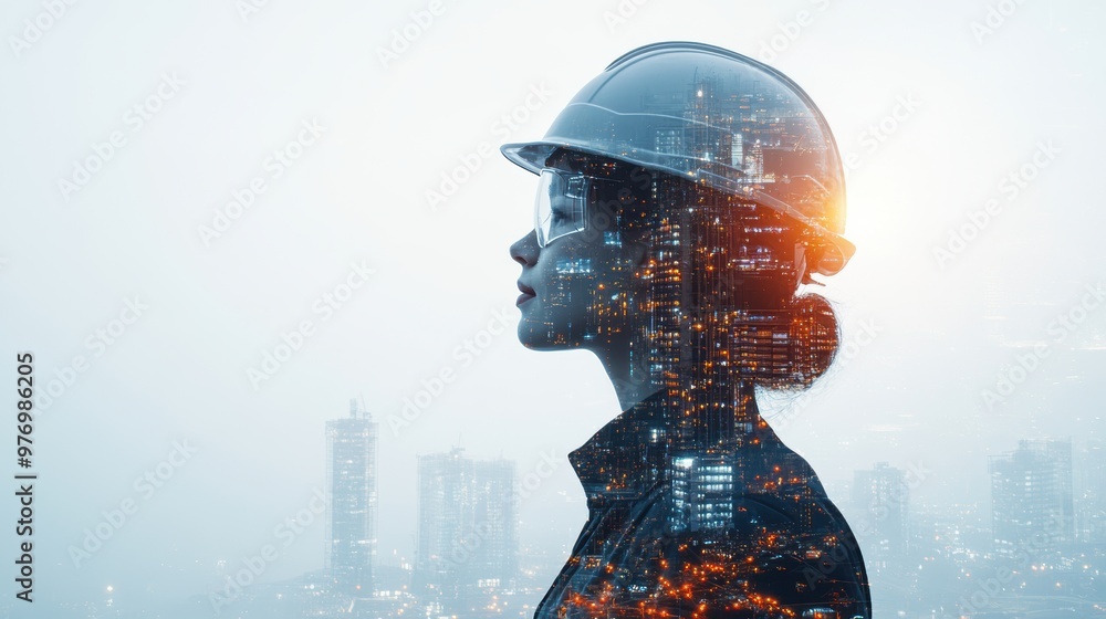banner template featuring double exposure of helmeted engineer and construction site, symbolizing engineering innovation banner template featuring double exposure of helmeted engineer and construction site, symbolizing engineering innovation