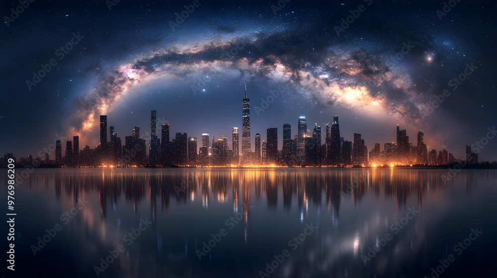 A stunning view of the Milky Way galaxy arching over a modern cityscape with a reflection in the water below. A stunning view of the Milky Way galaxy arching over a modern cityscape with a reflection in the water below.